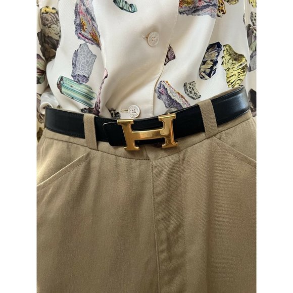 HERMES Womens Waist Belt Black Brown Textured Reversible H Buckle France M - Picture 1 of 12